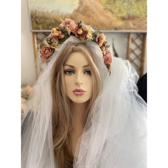 Vintage Bridal Wedding Hair Accessory Crown Earth Tones Boho Unique Handmade 70s - Picture 1 of 10